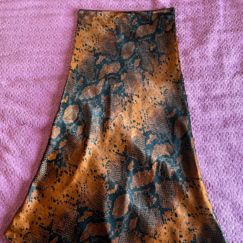 Black and brown animal print satin midi skirt